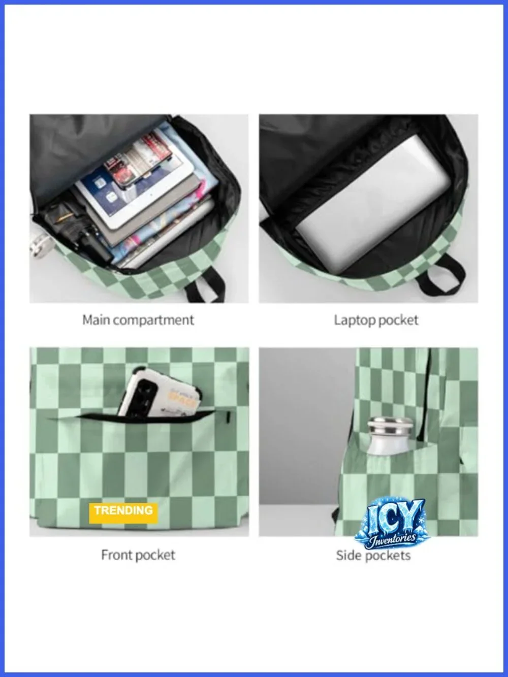 Checkered Laptop Backpack with USB Port, Anti-Theft, Water-Resistant, Fits